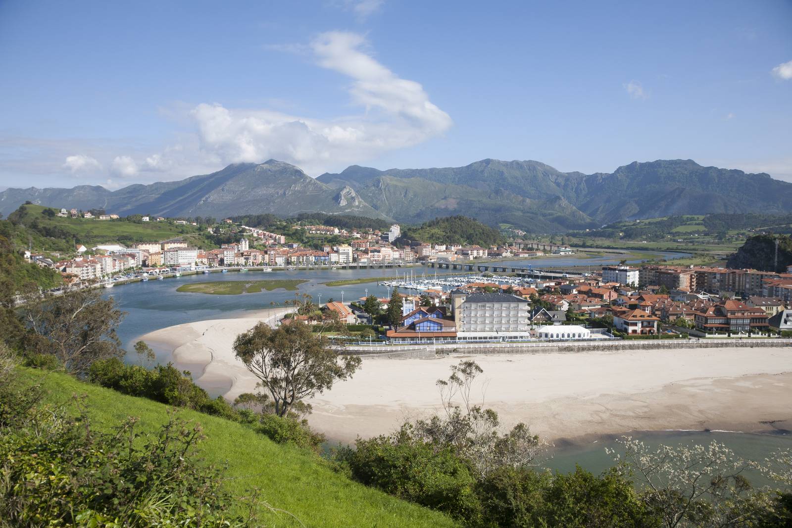 Ribadesella city waterfront next to Sella River in Asturias Spain Europe