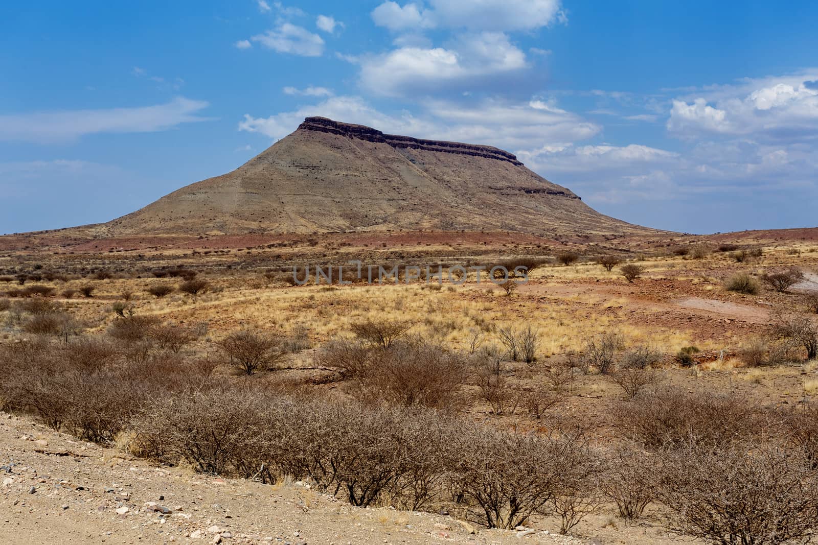 panorama of fantrastic Namibia landscape, Hardap region, with blue sky