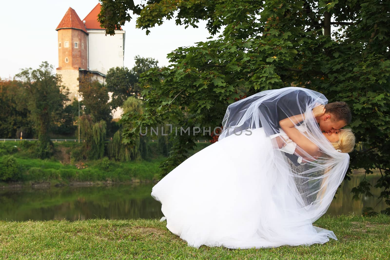 Groom kissing his beautiful wife