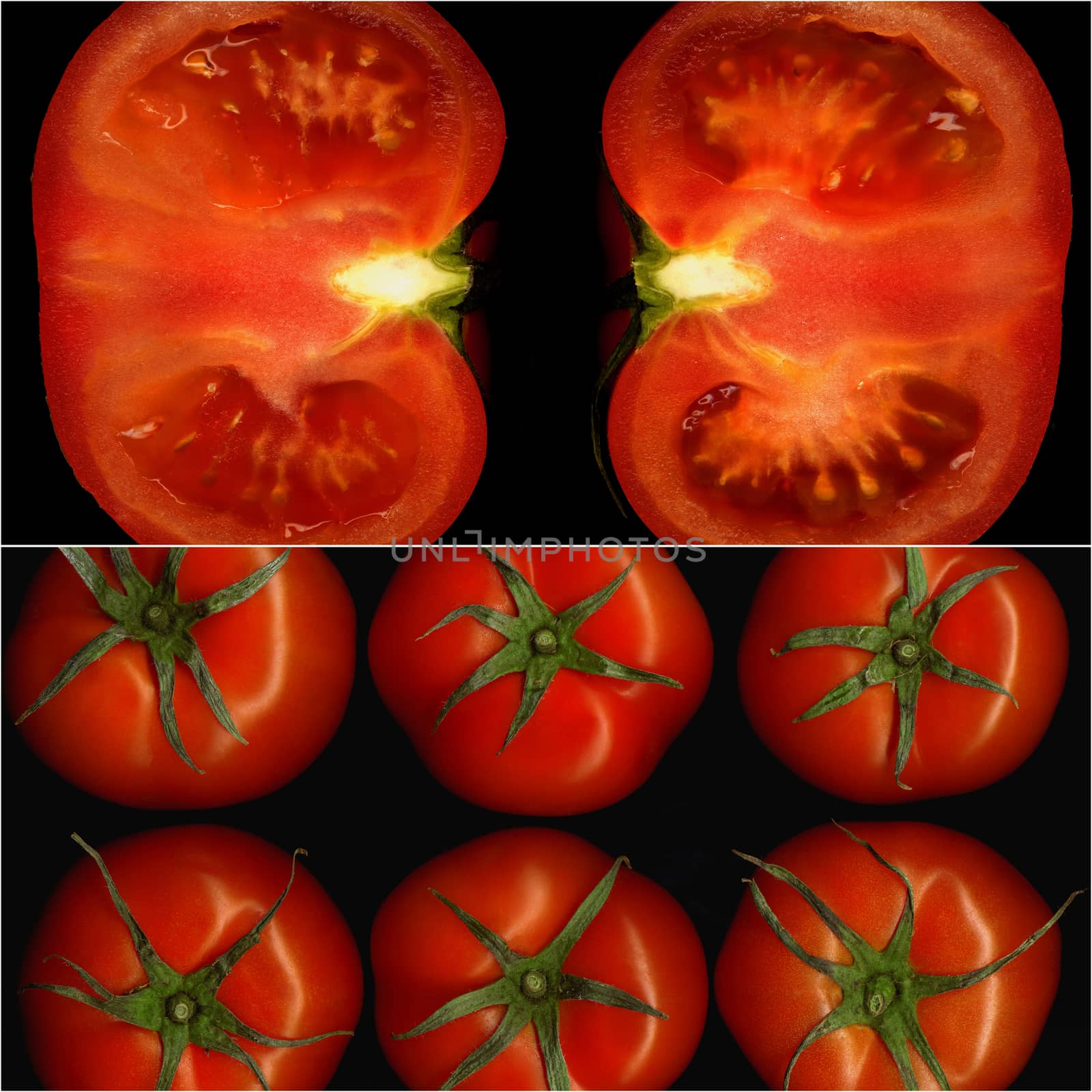 tomatoes collage composition nested on a black square frame