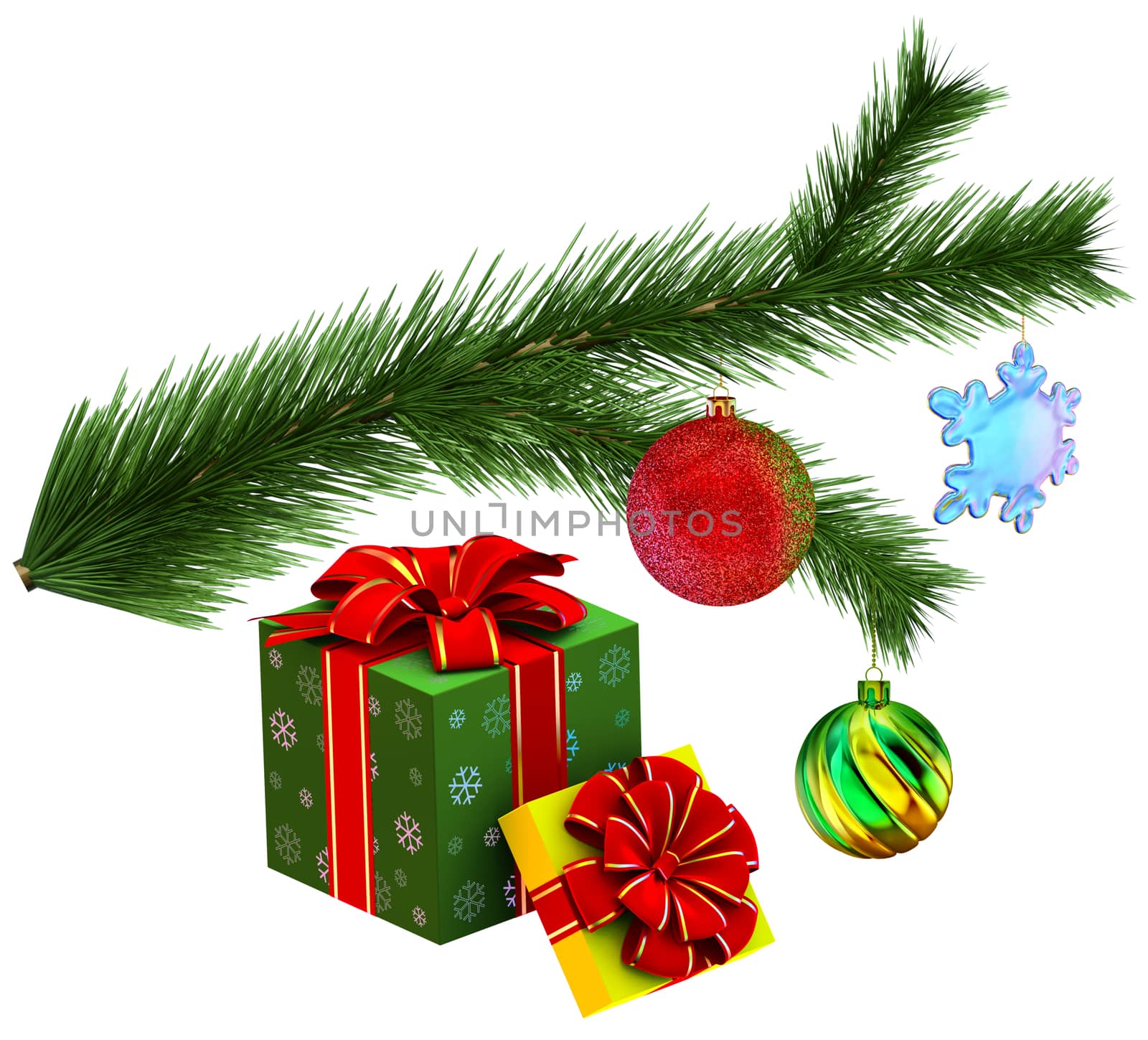Christmas tree fir branch with gifts by merzavka
