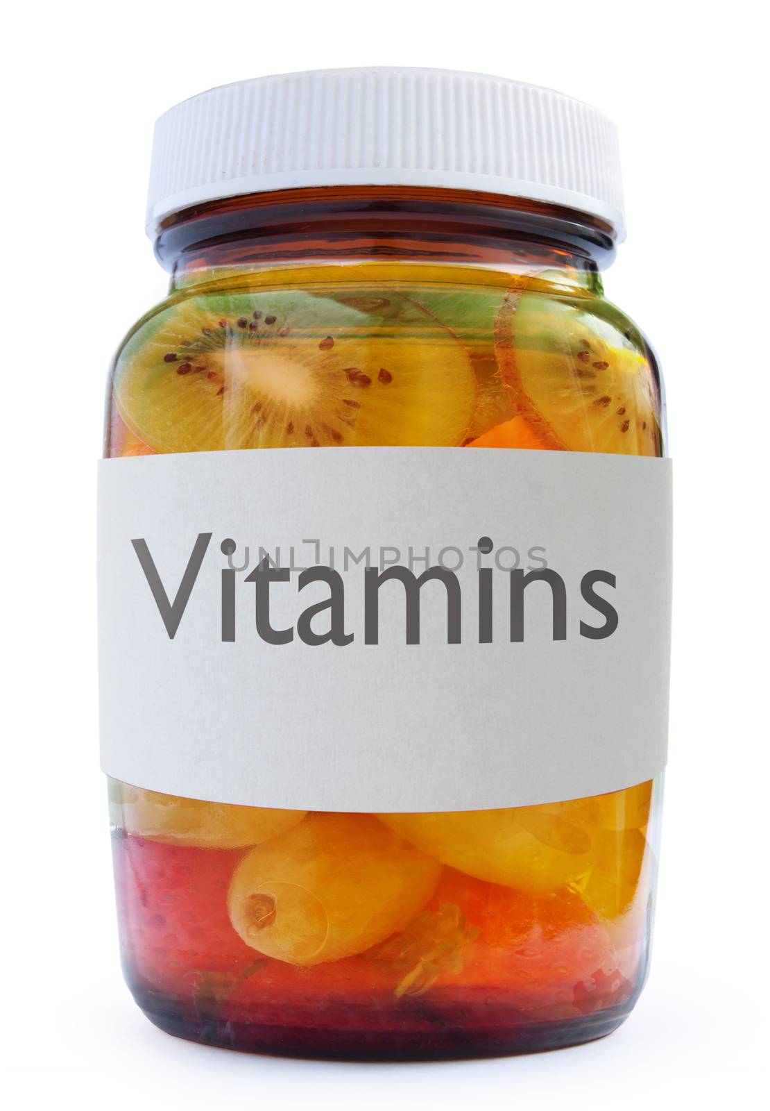 Vitamin bottle packed with fruit over a white background