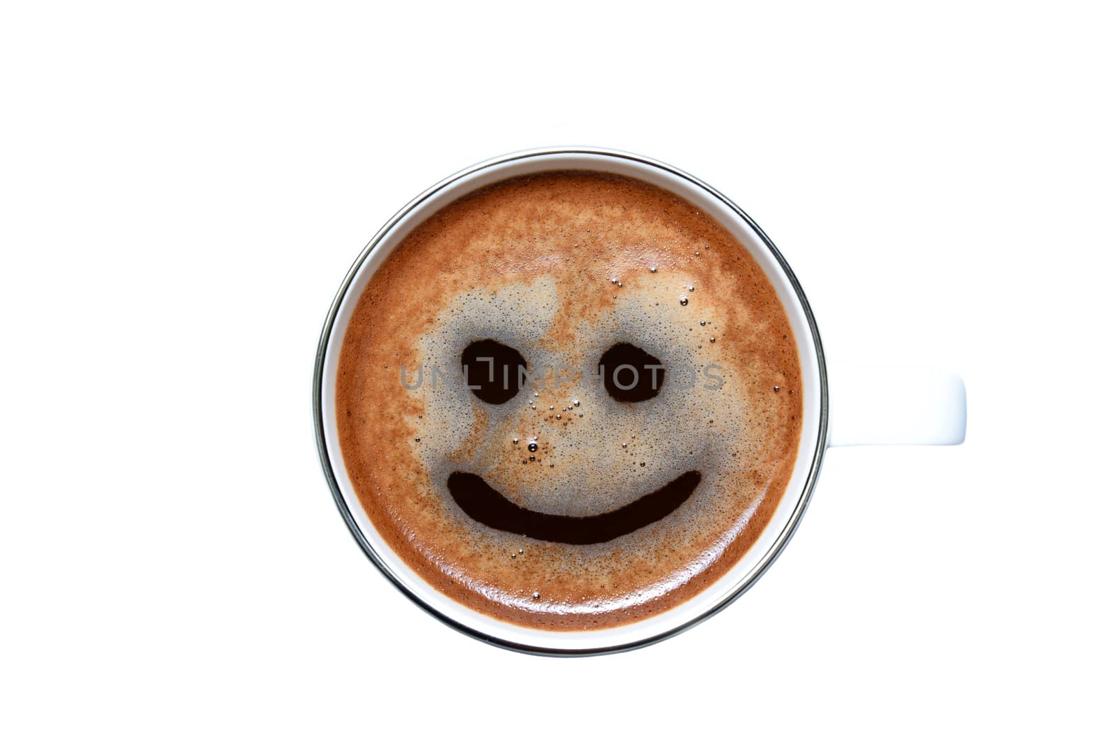 Photo of a white cup of coffee isolated on white background. View from above with a smile on the foam. Food photography.