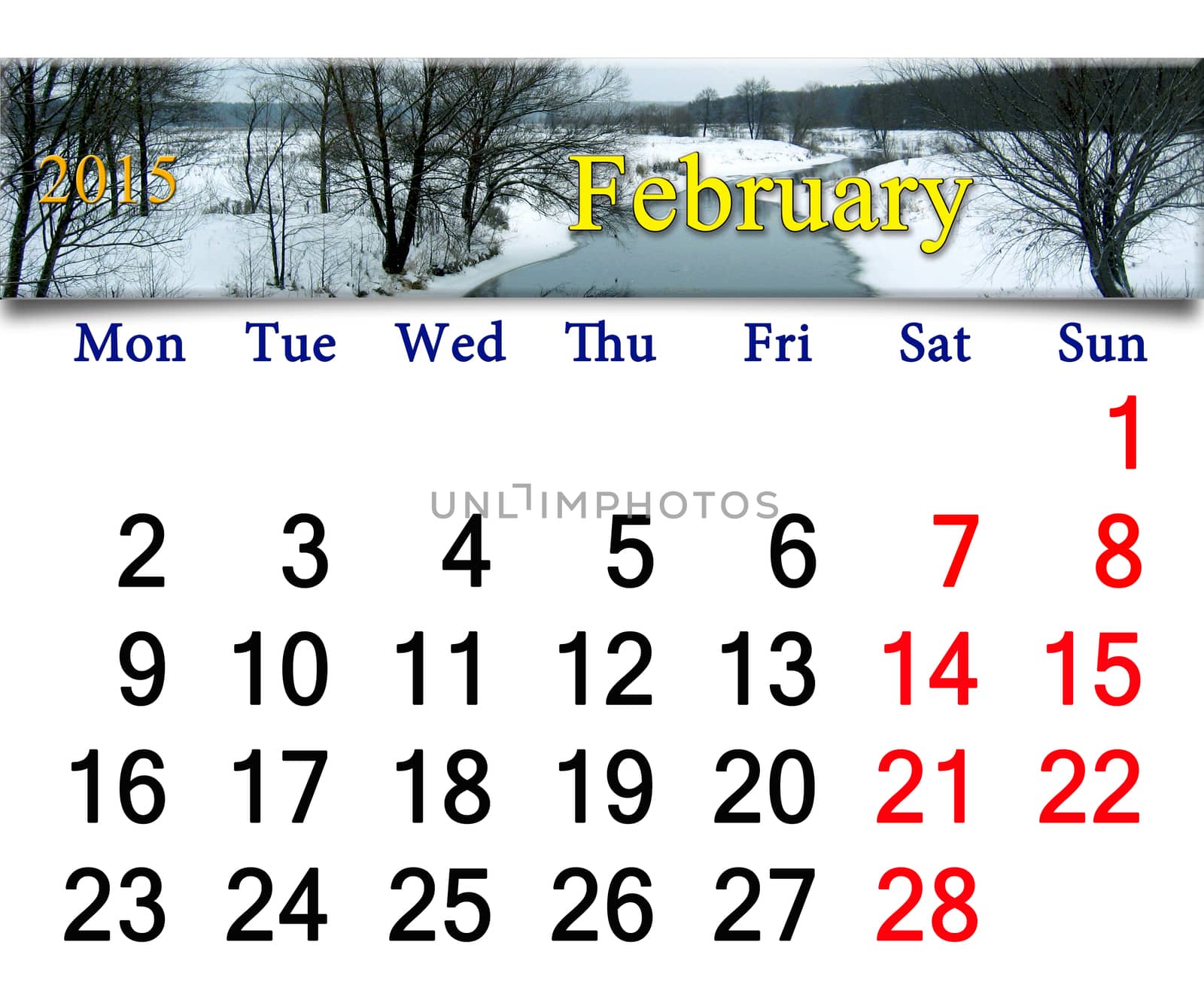 calendar for February of 2015 with winter river by alexmak