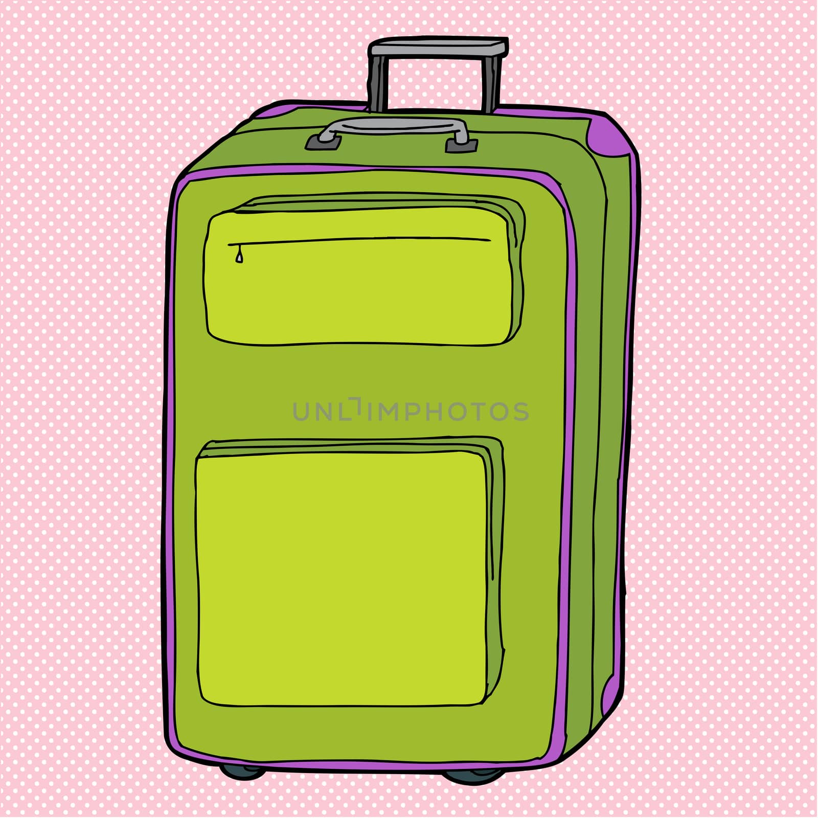 Single green hand drawn suitcase over pink background