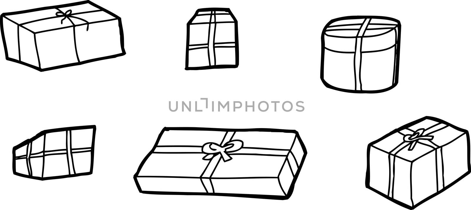 Six outline cartoon gift boxes over white background