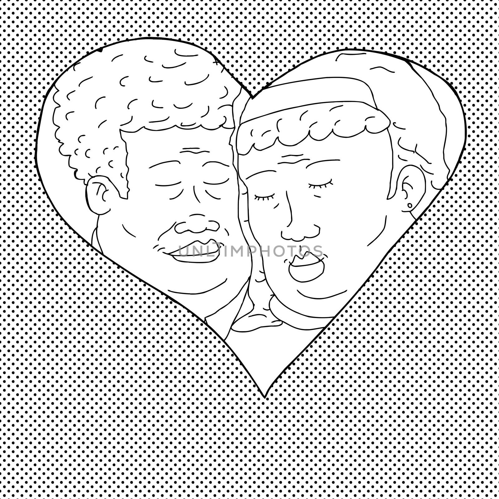 Hand drawn cartoon of happy couple in heart shape