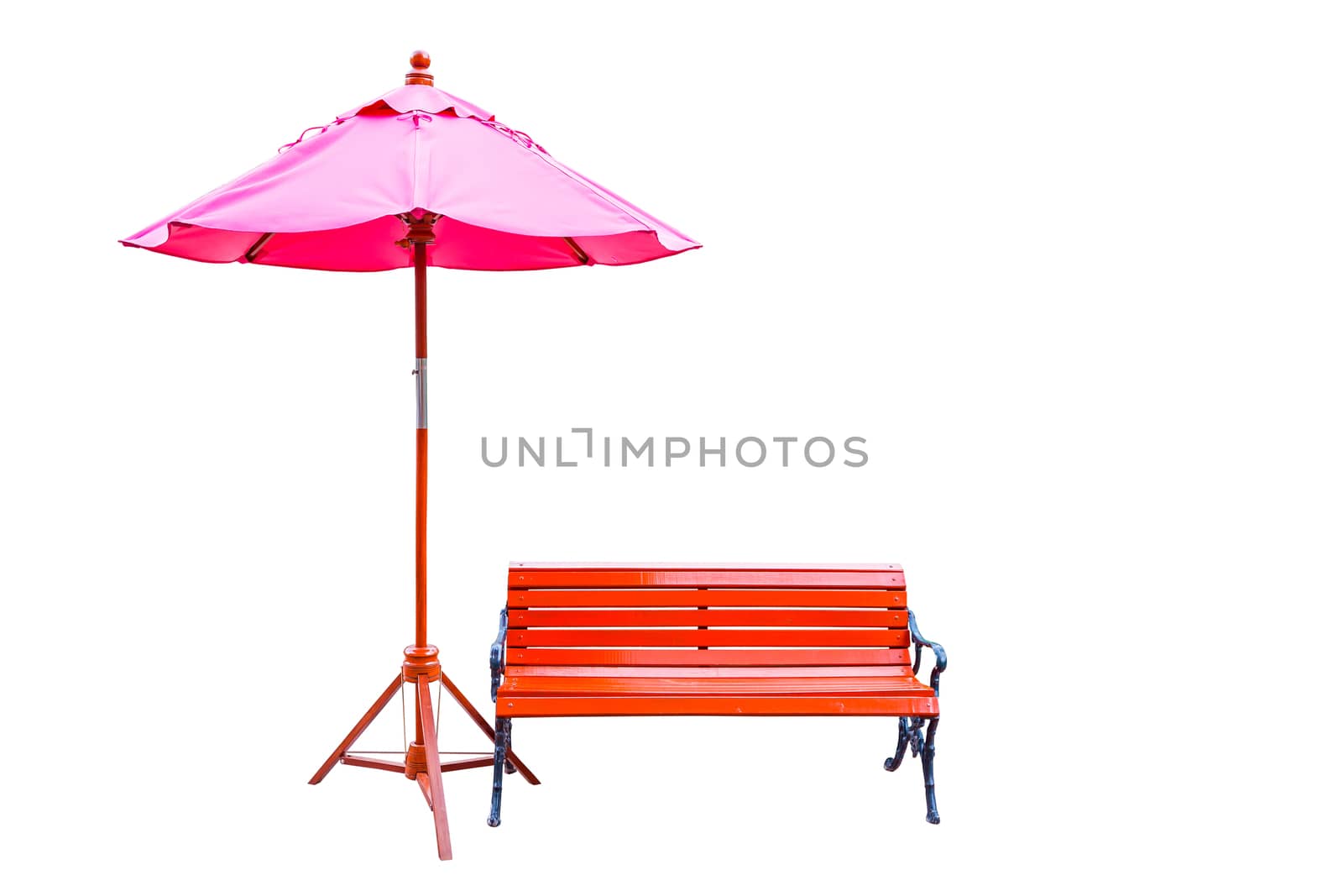 Park bench and big colorful umbrella isolated on white background