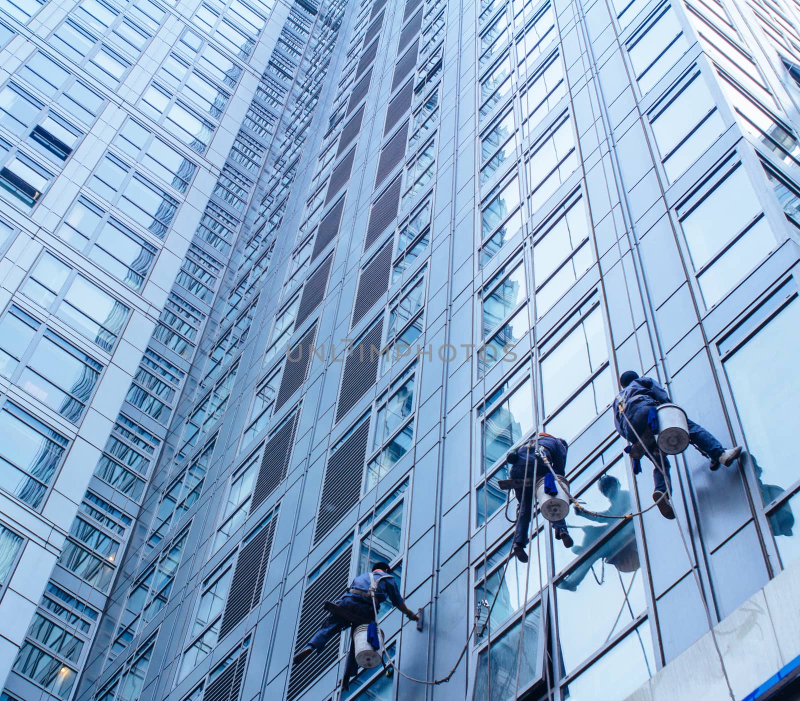 Group of Cleaners are cleaning windows of a office building