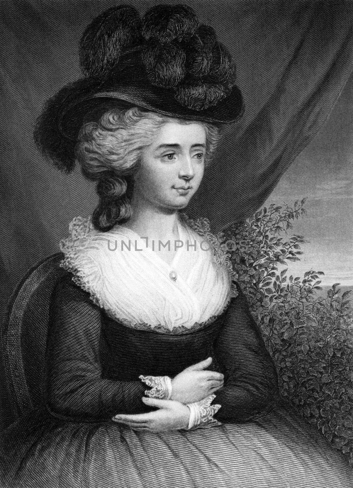 Frances Burney (1752-1840) on engraving from 1873. English novelist, diarist and playwright. Engraved by unknown artist and published in ''Portrait Gallery of Eminent Men and Women with Biographies'',USA,1873.
