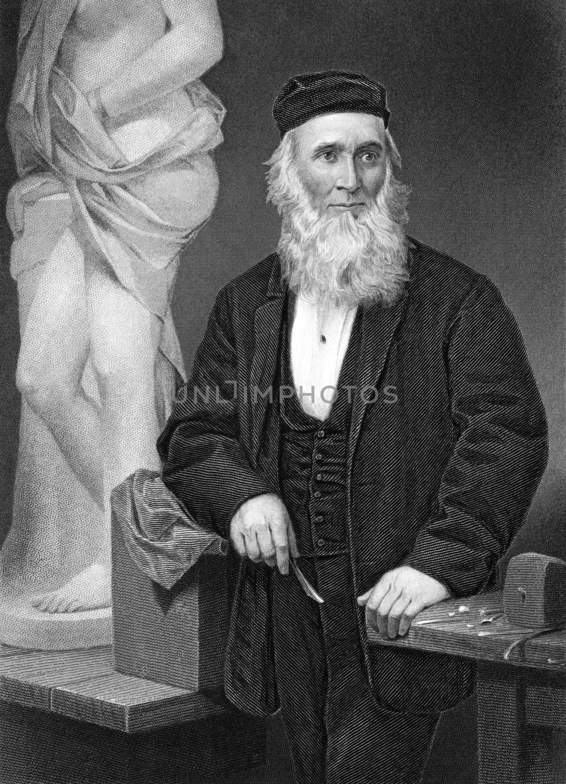 Hiram Powers (1805-1873) on engraving from 1873. American neoclassical sculptor. Engraved by unknown artist and published in ''Portrait Gallery of Eminent Men and Women with Biographies'',USA,1873.