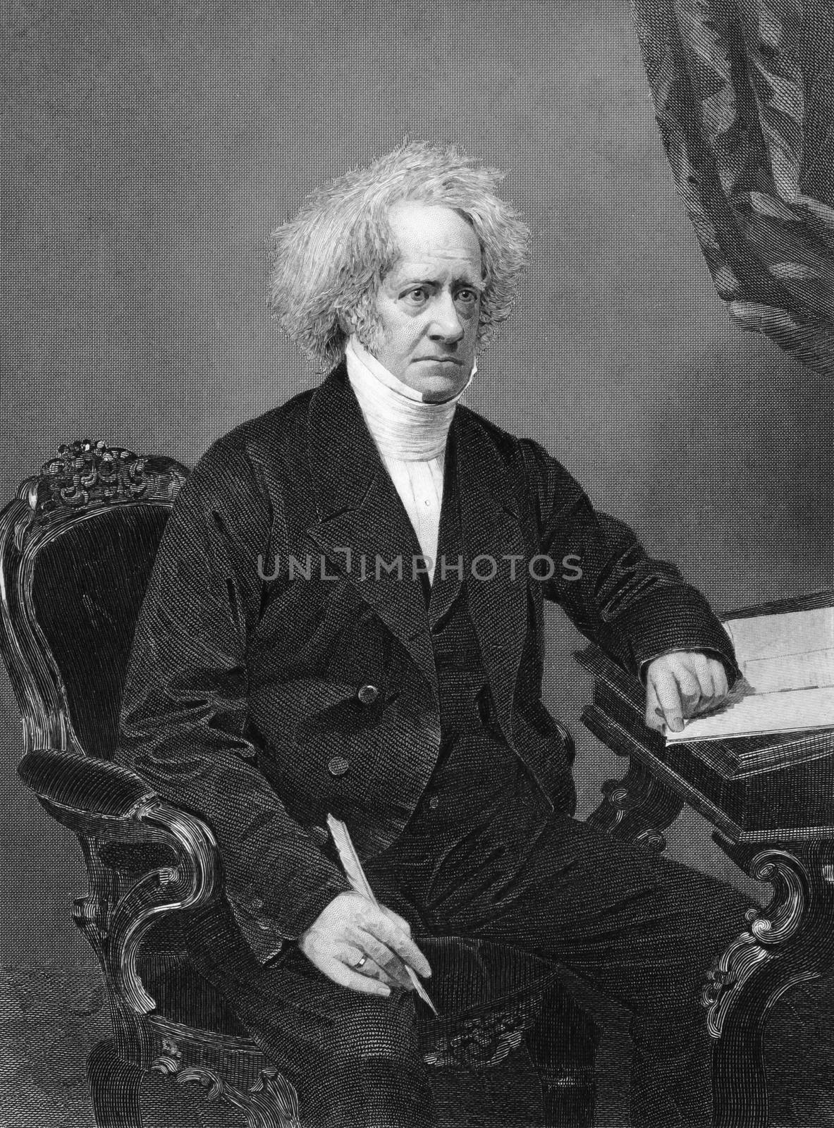 John Herschel (1792-1871) on engraving from 1873. English mathematician, astronomer, chemist and experimental photographer/inventor, who also did valuable botanical work. Engraved by unknown artist and published in ''Portrait Gallery of Eminent Men and Women with Biographies'',USA,1873.