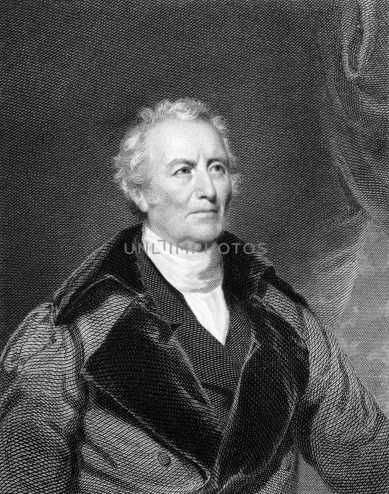 John Trumbull (1756-1843) on engraving from 1834.  American painter during the period of the American Revolutionary War. Engraved by A.B Durand and published in ''National Portrait Gallery of Distinguished Americans'',USA,1834.