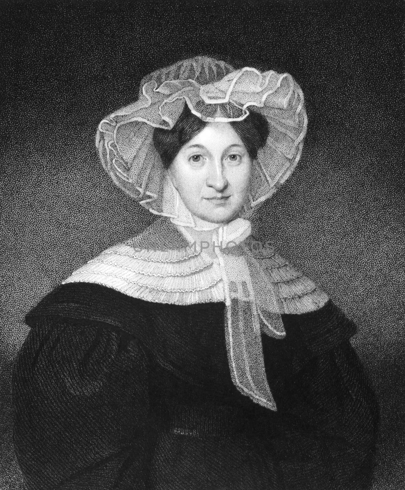 Marcia Van Ness (1782-1832) on engraving from 1835.  Prominent philanthropist and supporter of the orphan asylum. Engraved by T.B.Welch and published in''National Portrait Gallery of Distinguished Americans Volume II'',USA,1835.