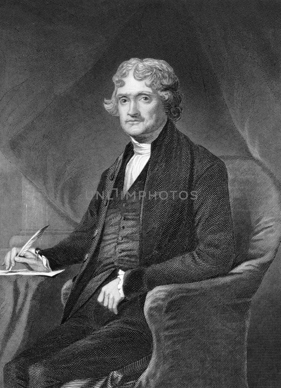 Thomas Jefferson (1743-1826) on engraving from 1873. American Founding Father, the principal author of the Declaration of Independence and third President during 1801-1809. Engraved by unknown artist and published in ''Portrait Gallery of Eminent Men and Women with Biographies'',USA,1873.