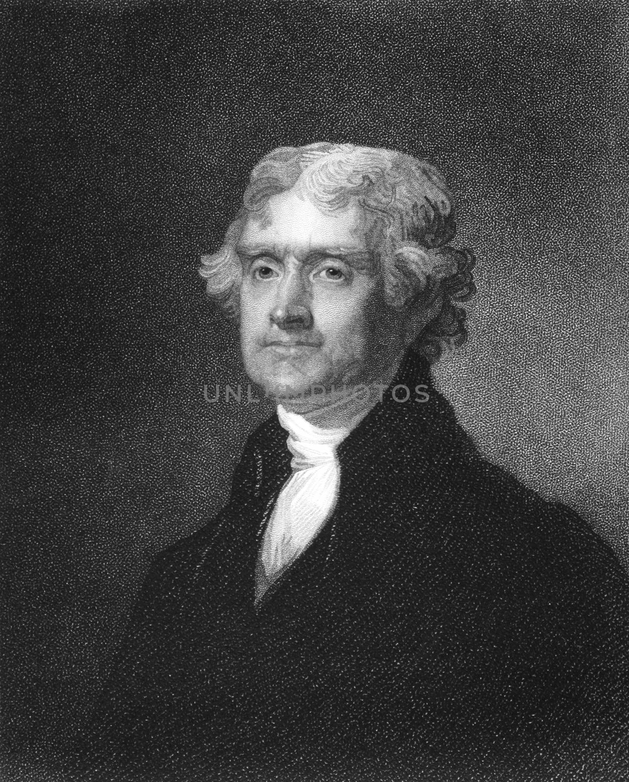 Thomas Jefferson (1743-1826) on engraving from 1835. American Founding Father, the principal author of the Declaration of Independence and third President during 1801-1809. Engraved by J.B.Forrest and published in ''National Portrait Gallery of Distinguished Americans Volume II'',USA,1835.