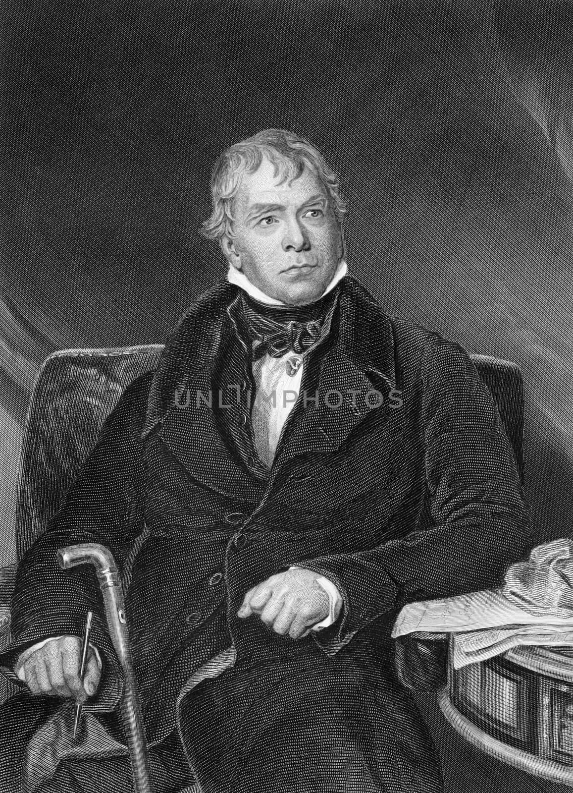 Walter Scott (1771-1832) on engraving from 1873. Scottish historical novelist, playwright and poet. Engraved by unknown artist and published in ''Portrait Gallery of Eminent Men and Women with Biographies'',USA,1873.