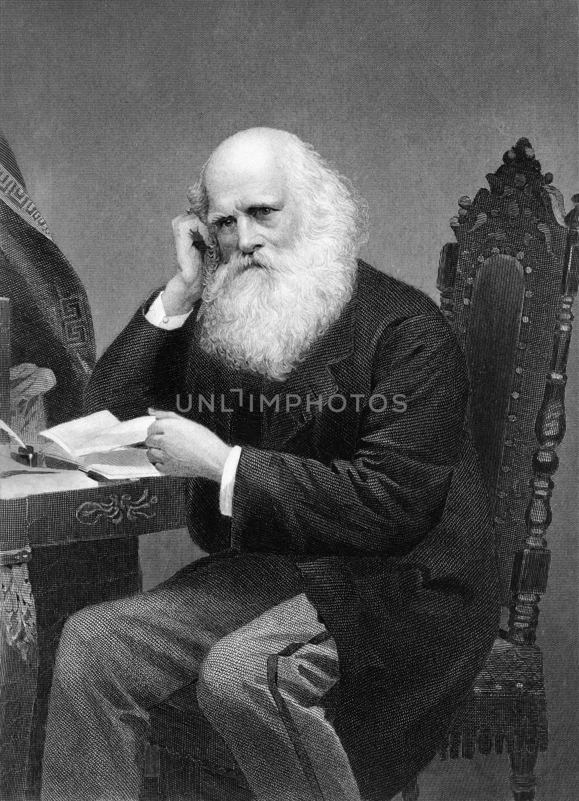 William Cullen Bryant (1794-1878) on engraving from 1873. American romantic poet, journalist and long-time editor of the New York Evening Post. Engraved by unknown artist and published in ''Portrait Gallery of Eminent Men and Women with Biographies'',USA,1873.