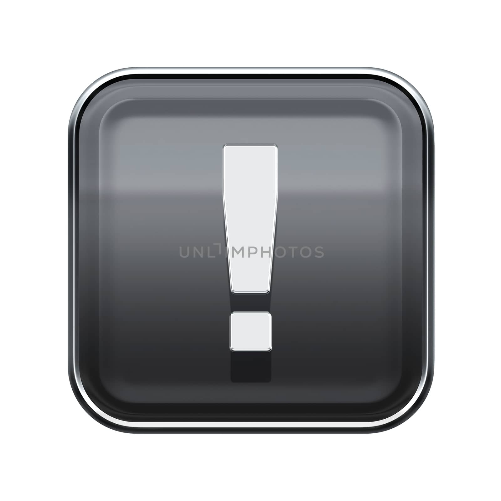 Exclamation symbol icon glossy grey, isolated on white background