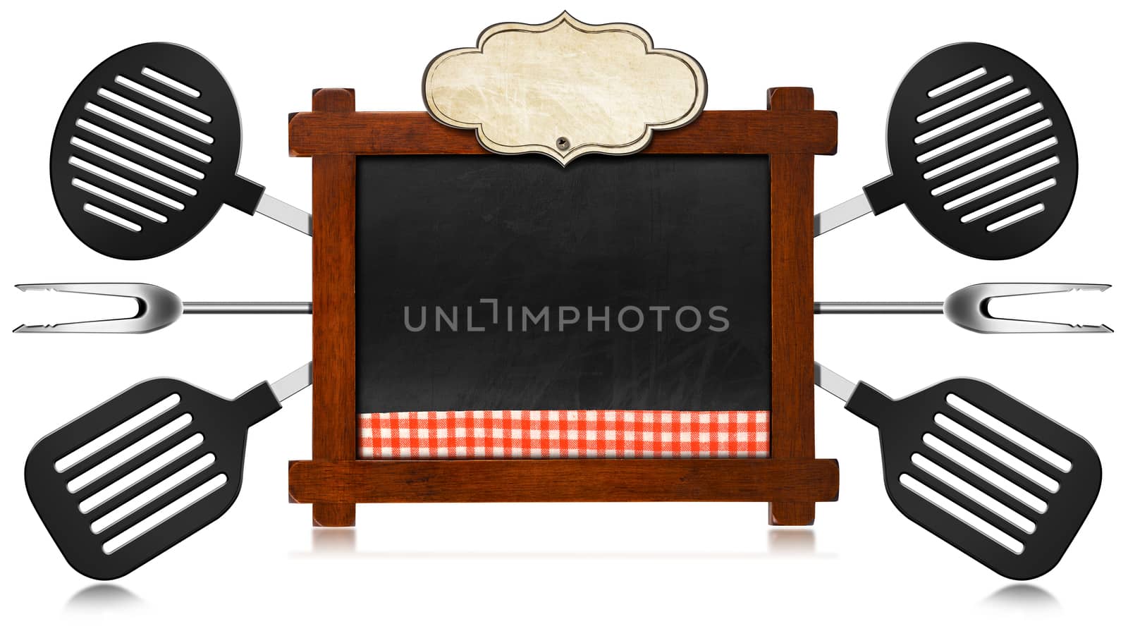 Rustic and empty blackboard with wooden frame and checkered tablecloth, empty label and six kitchen utensils. Template for a recipes or a food menu