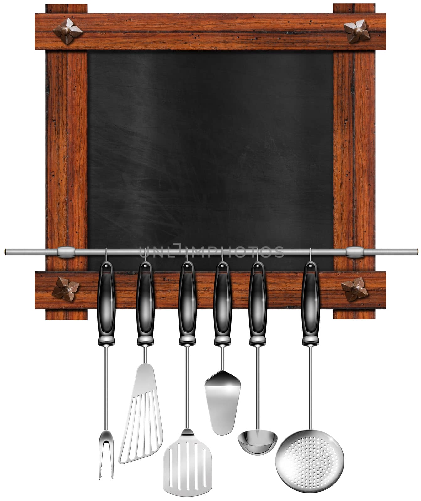 Rustic and empty blackboard with wooden frame, ancient nails, a set of kitchen utensils hanging on a steel pole. Template for a recipes or a food menu