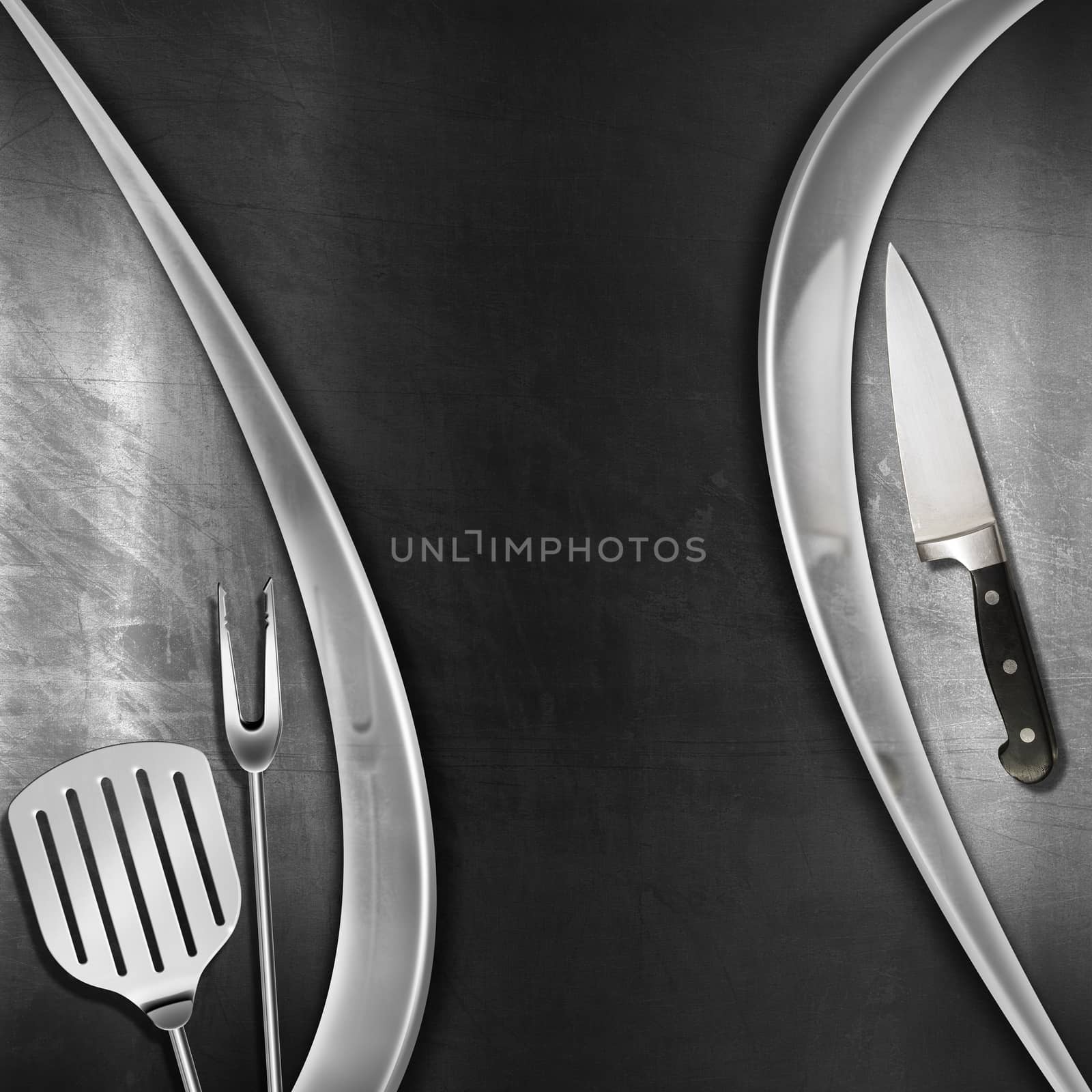 Modern blackboard with metal frame, kitchen utensils and knife on brushed steel background. Template for recipes or a food menu