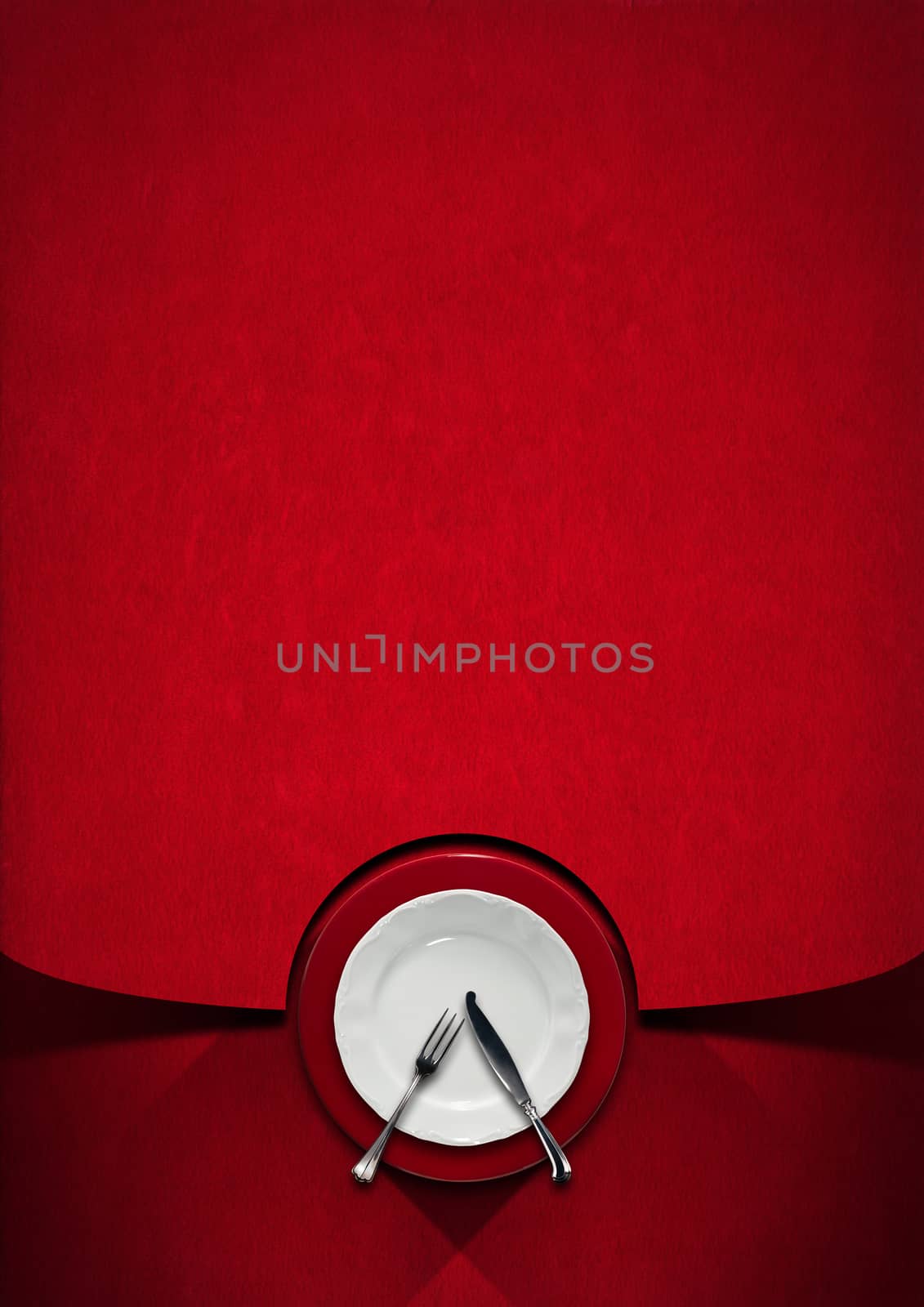 Vertical restaurant menu with empty white and red plate with silver cutlery, fork and knife, on red velvet background with shadows

