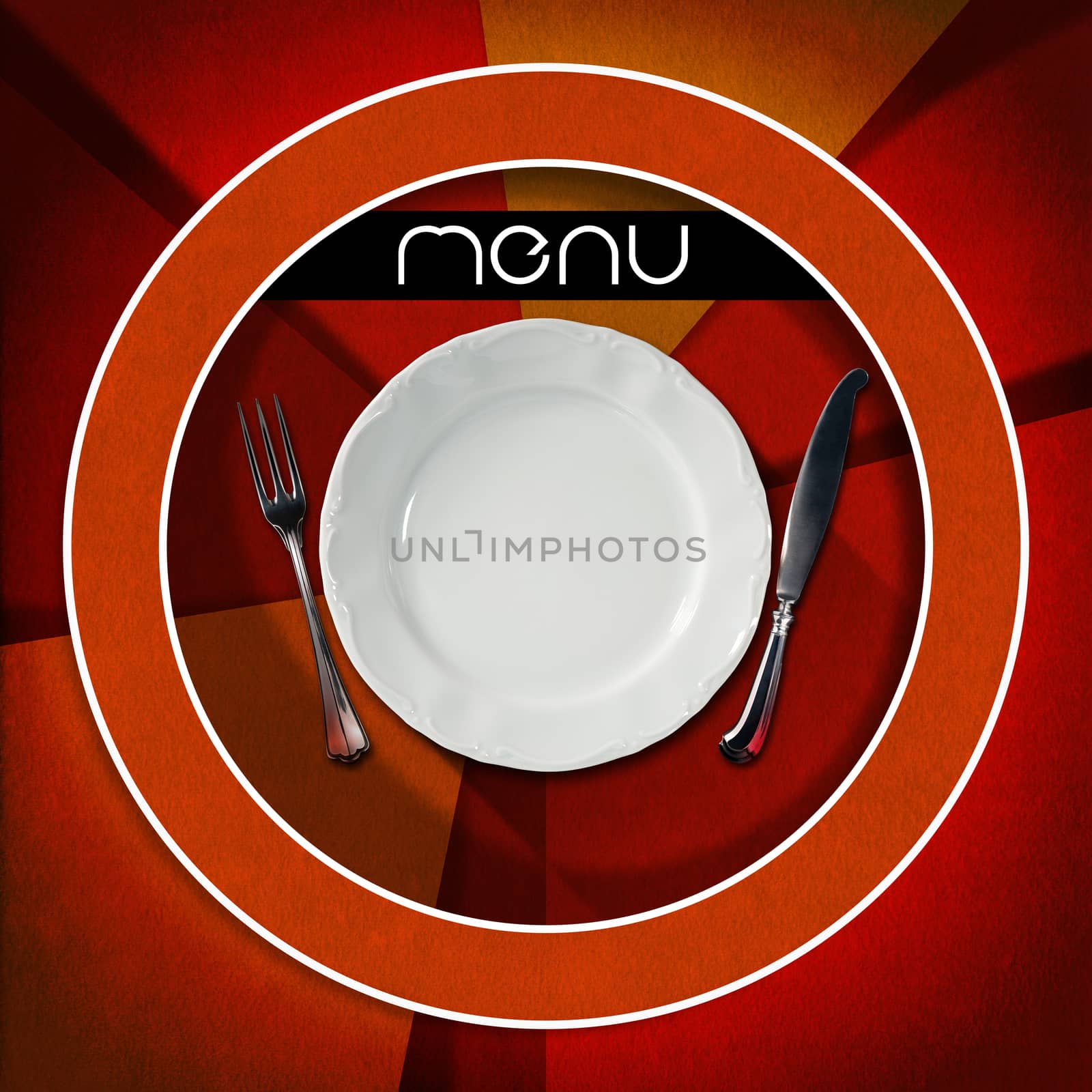 Restaurant menu with empty white plate with silver cutlery, fork and knife, on red and orange velvet background with a circle, geometric shapes and shadows