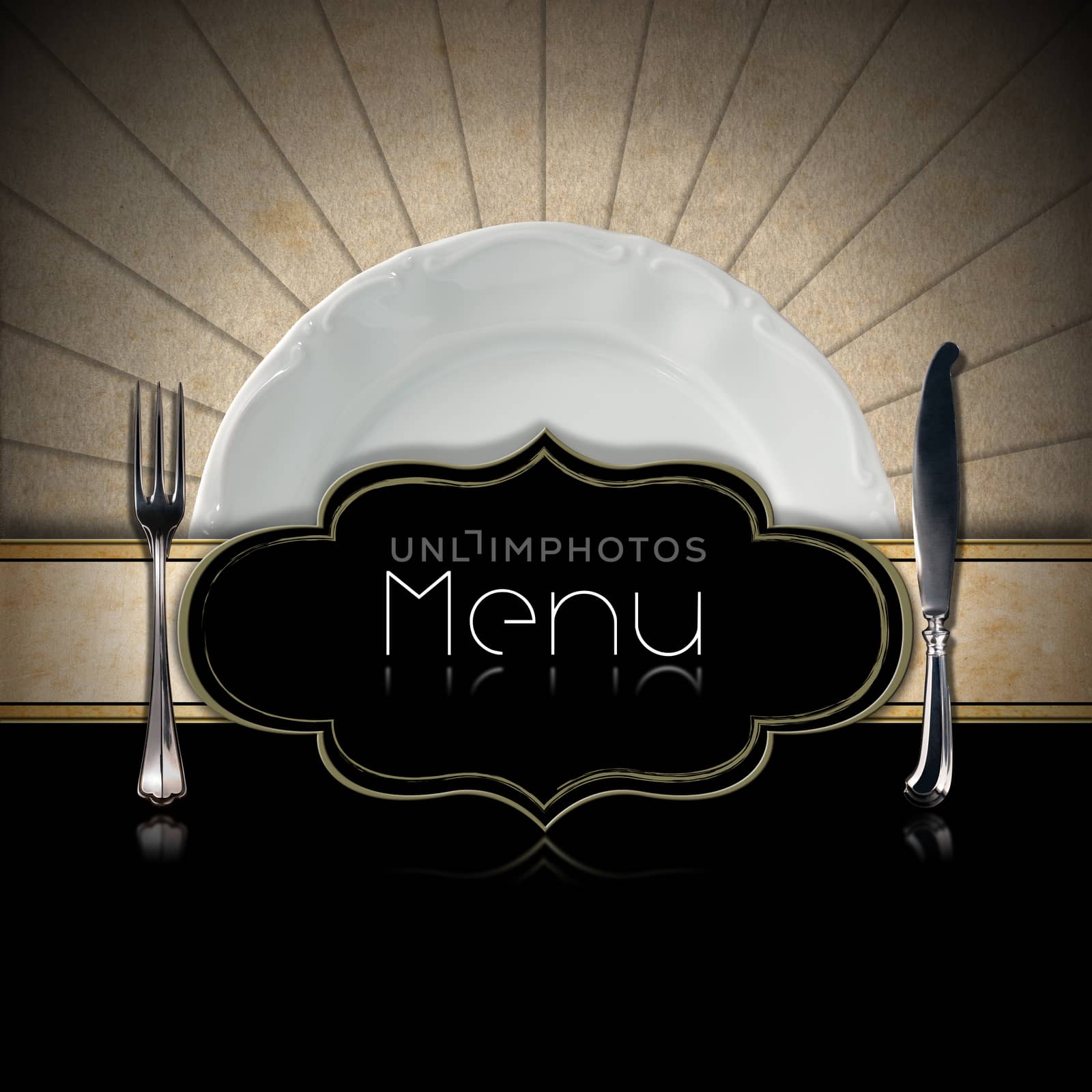 Restaurant menu with empty plate and silver cutlery, black label, horizontal band and radial stripes on a black background with reflections
