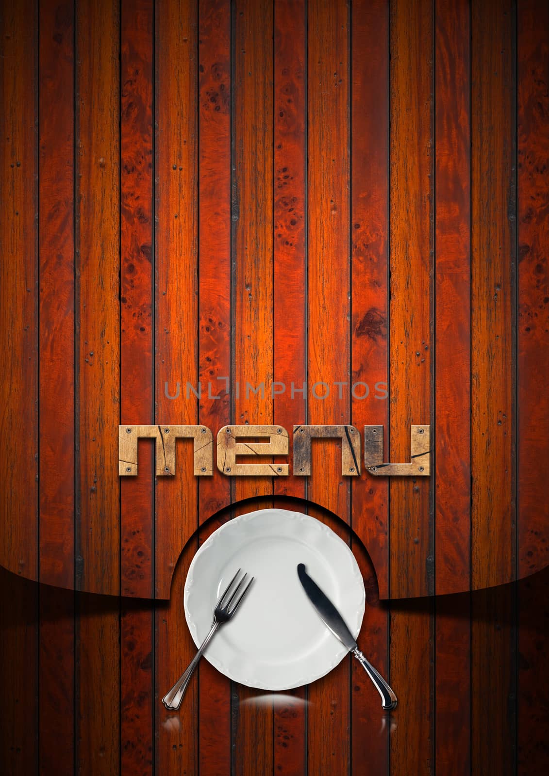 Dark brown background with planks, empty white plate and silver cutlery, fork and knife, written menu. Template for recipes or a rustic menu

