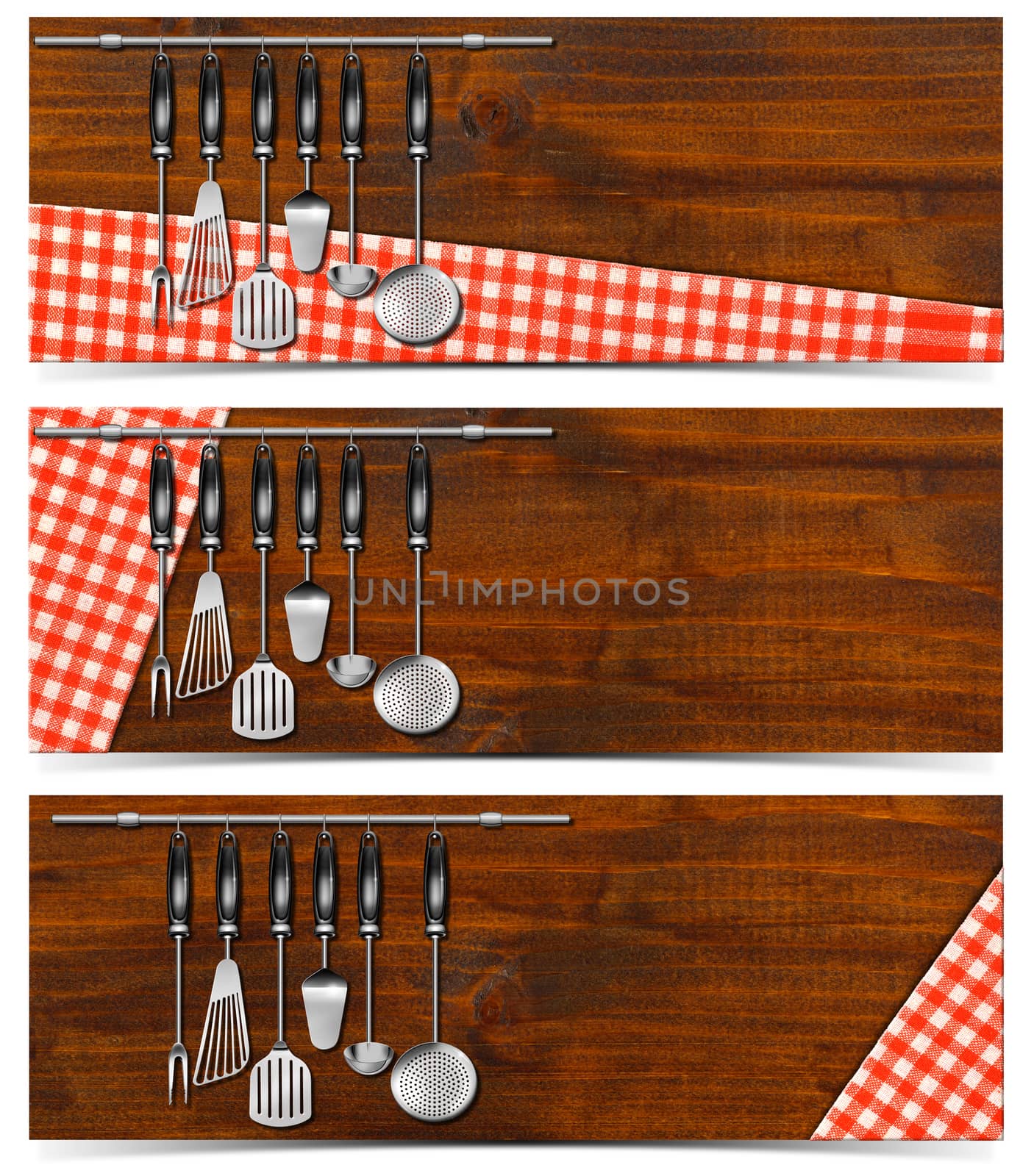 Collection of three kitchen banners with a set of kitchen utensils hanging on a steel pole, red and white checked tablecloth on a wood background. Isolated on white background