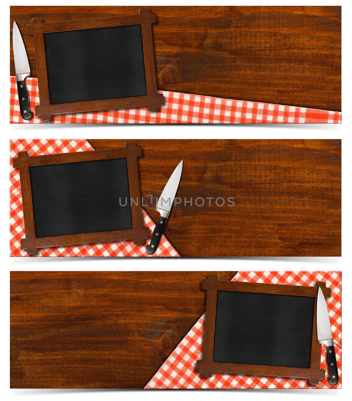 Collection of three kitchen banners with empty blackboard with wooden frame, red and white checked tablecloth and kitchen knife on a wood background. Isolated on white background
