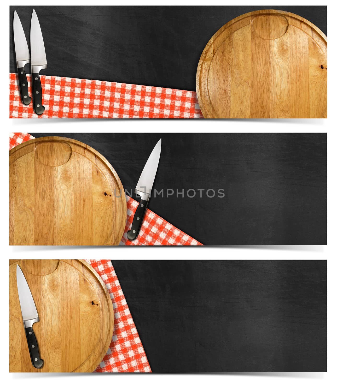 Collection of three kitchen banners with round cutting board, red and white checked tablecloth, kitchen knives on empty blackboard. Isolated on white background


