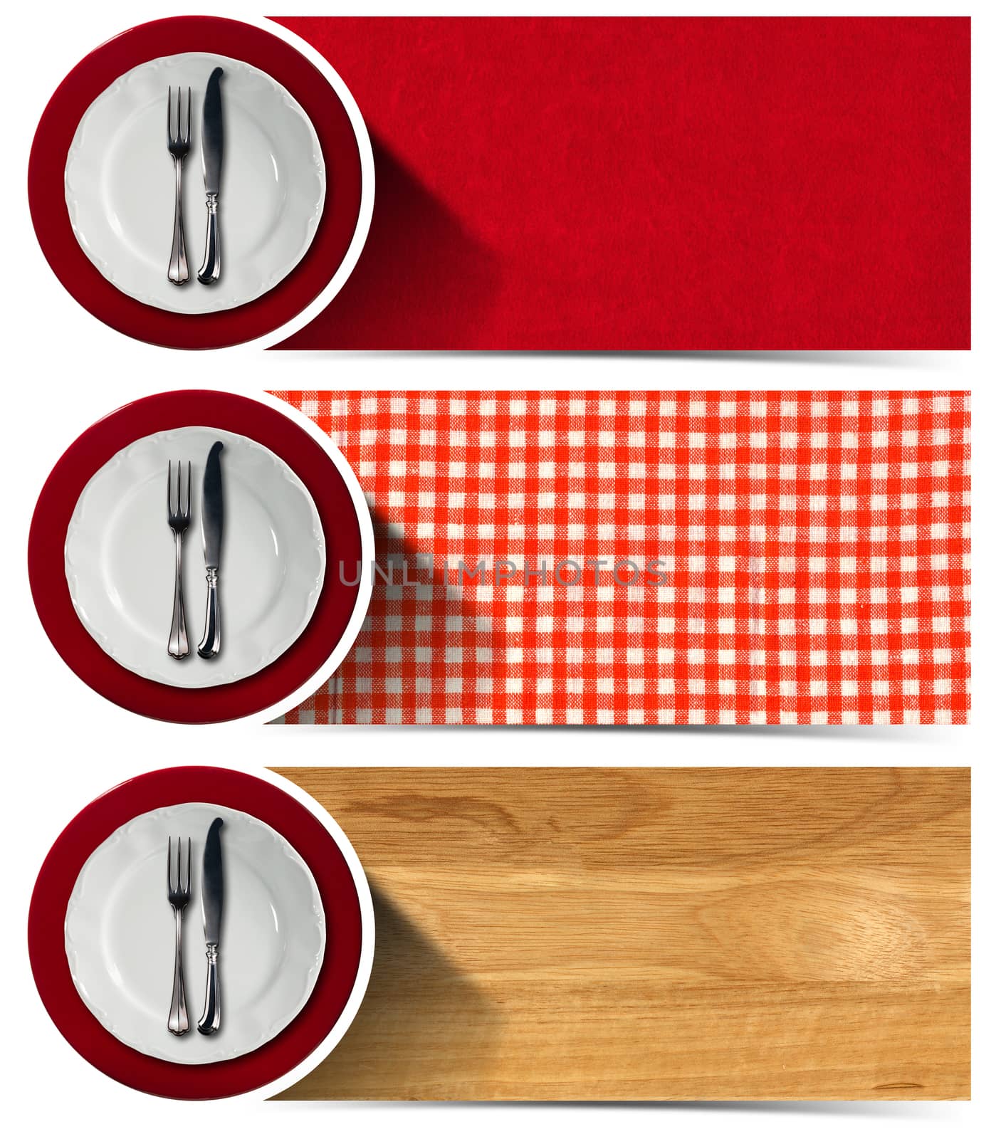 Collection of three kitchen banners with white and red empty plates, silver cutlery, checkered tablecloth, wooden background, red velvet background. Isolated on white background
