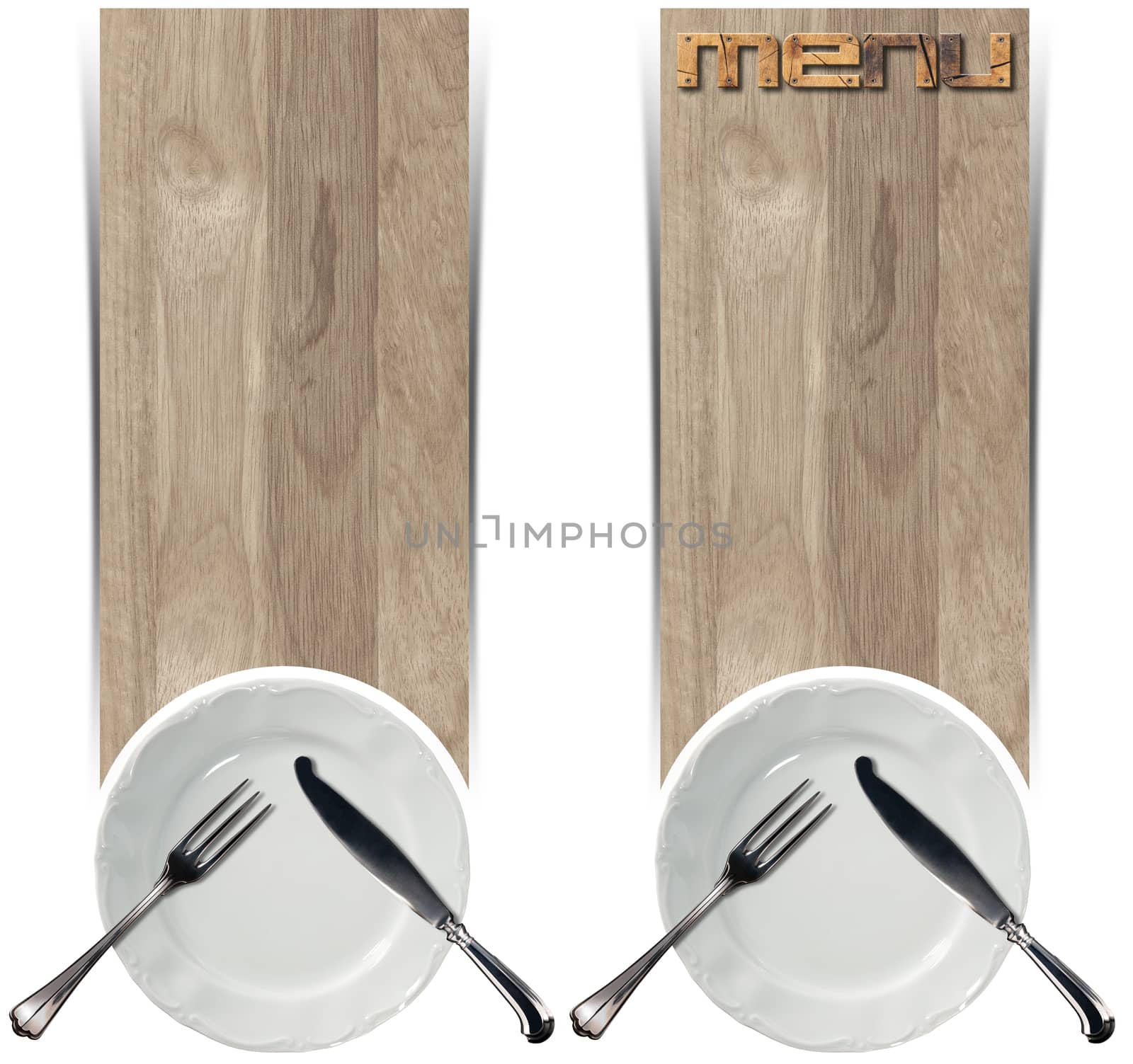 Two vertical wooden banners with empty white plate and silver cutlery isolated on white background. Template for recipes or food menu
