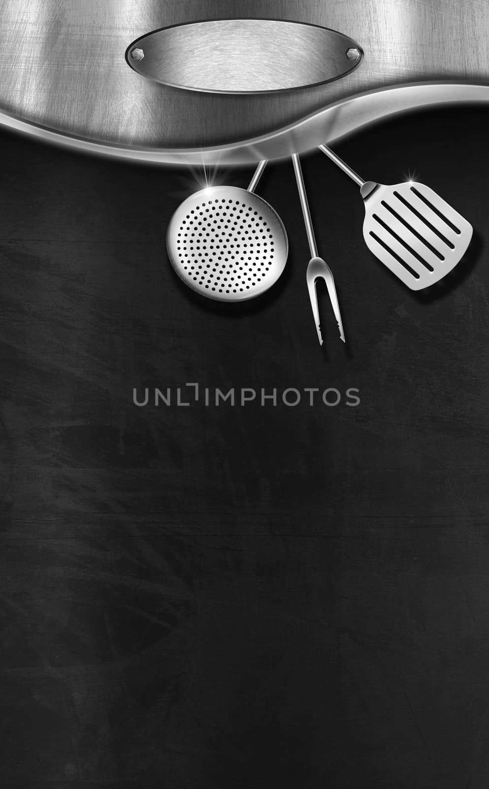 Modern blackboard with one metal frame, kitchen utensils, empty oval metallic label on brushed steel background. Template for recipes or a food menu
