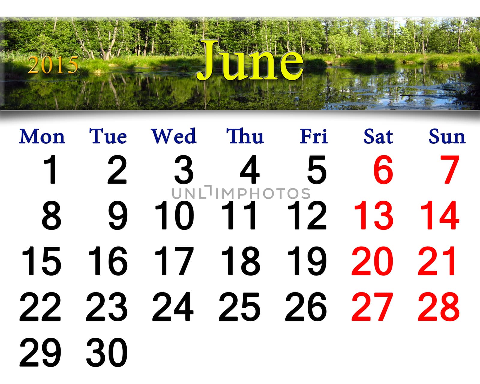 calendar for June of 2015 year with forest lake by alexmak