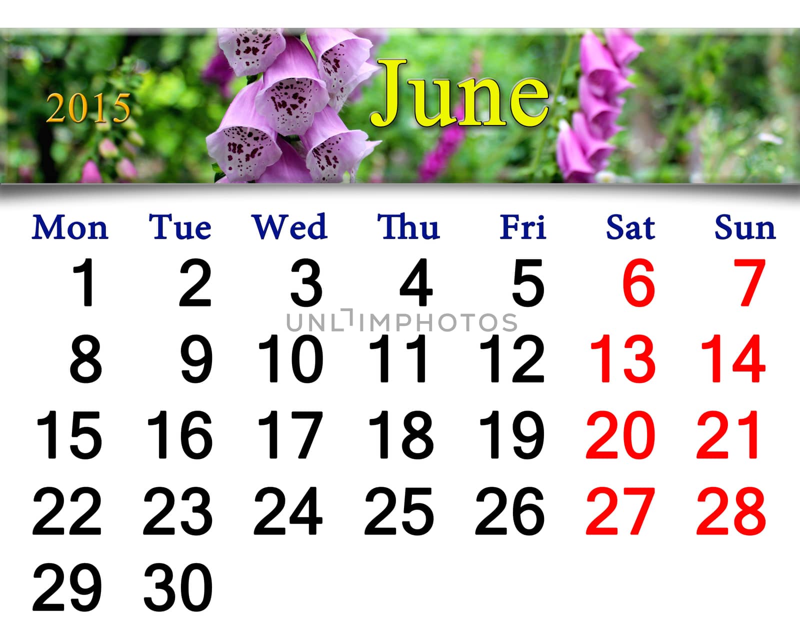 calendar for June of 2015 with lilac bluebells by alexmak