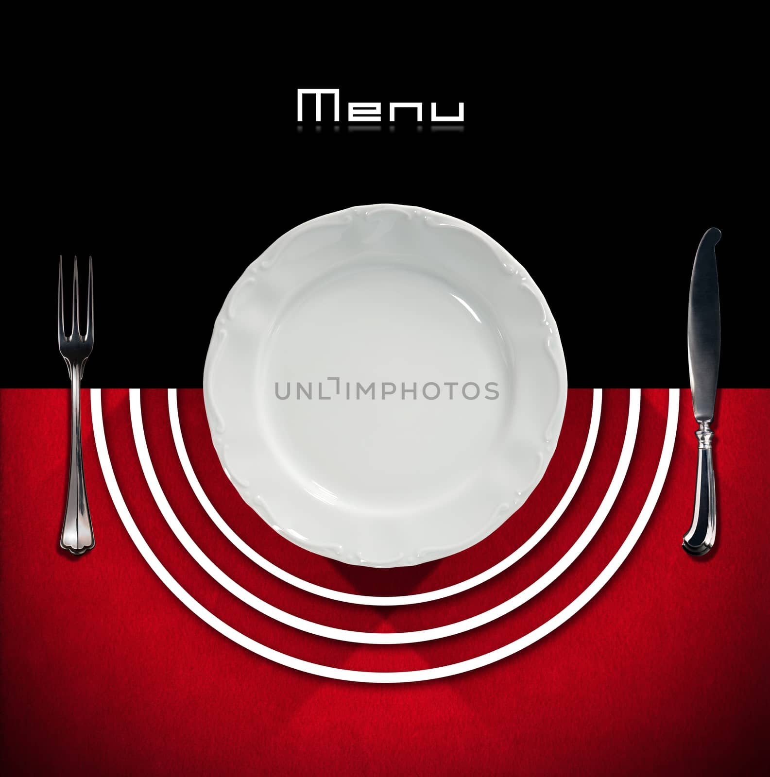 Restaurant menu with empty plate and cutlery, fork and knife, on a black and red background with white semi-circles, shadows and written menu