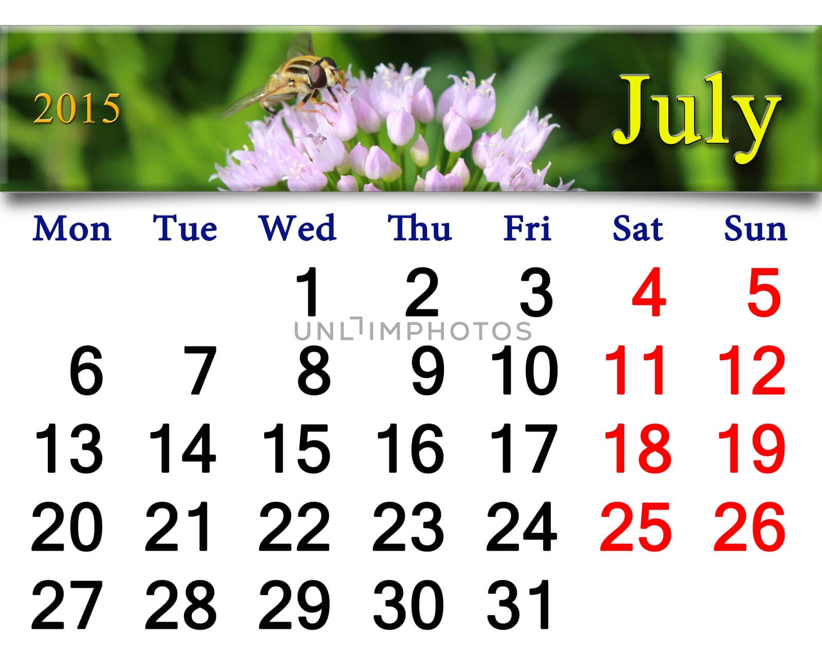 calendar for July of 2015 with fly on the pink flower