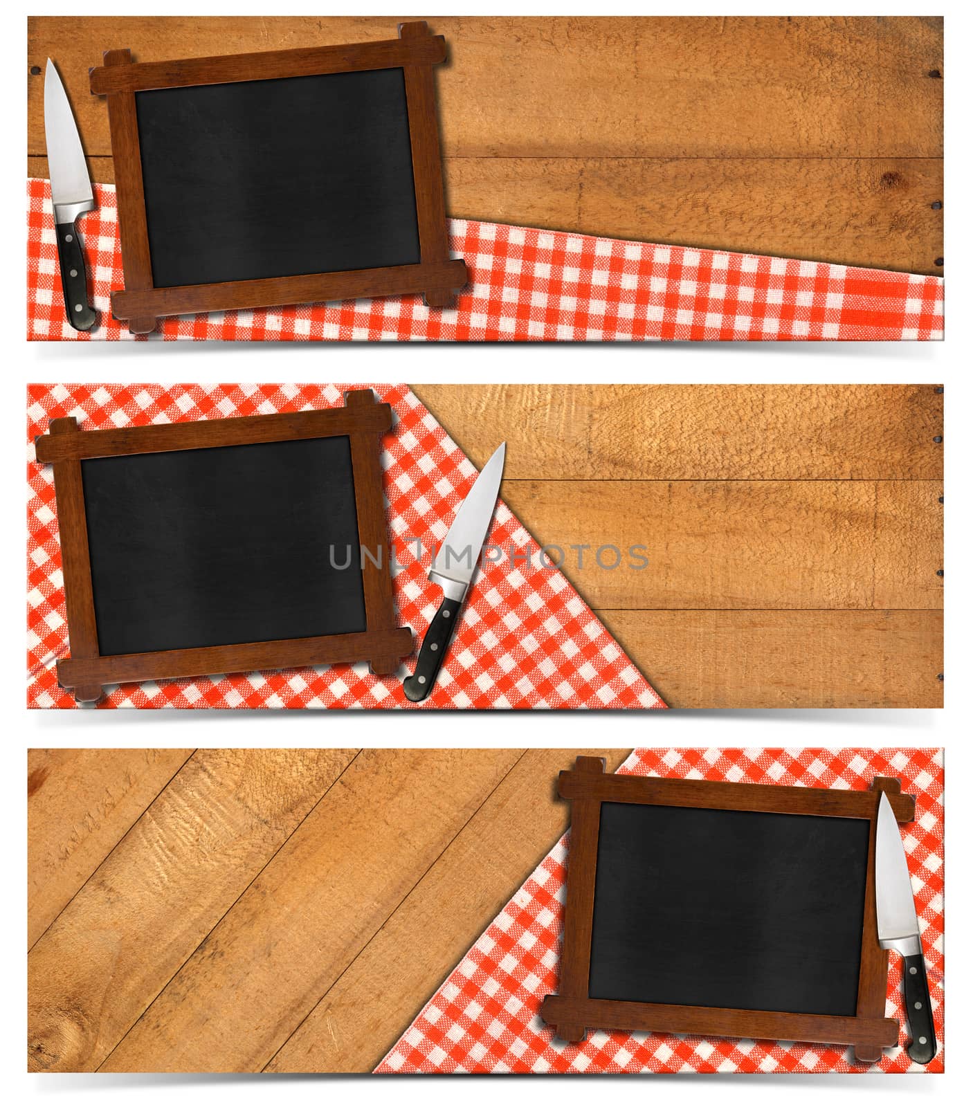 Collection of three kitchen banners with empty blackboard with wooden frame, red and white checked tablecloth and kitchen knife on a wood background. Isolated on white background
