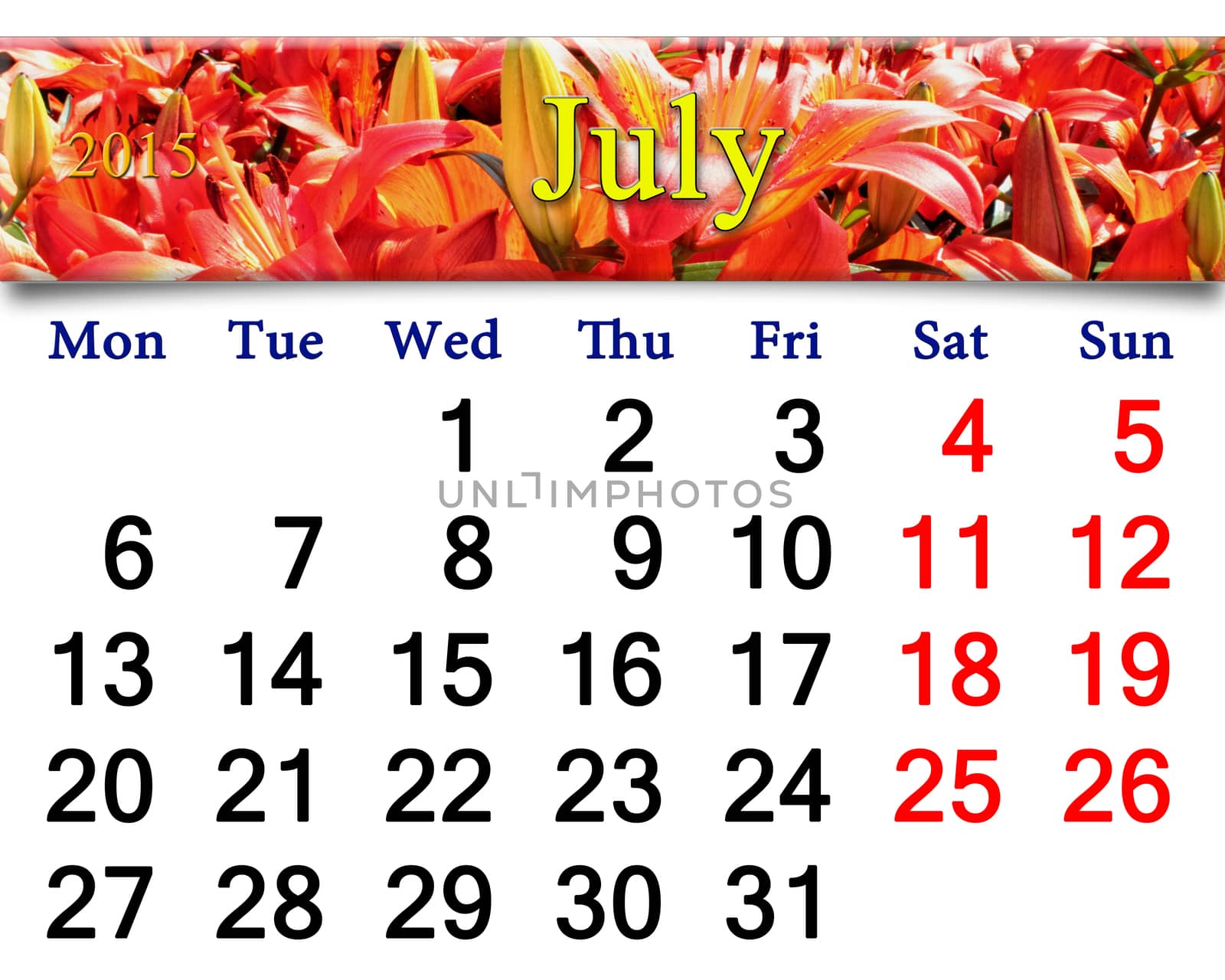 calendar for July of 2015 on red lilies by alexmak