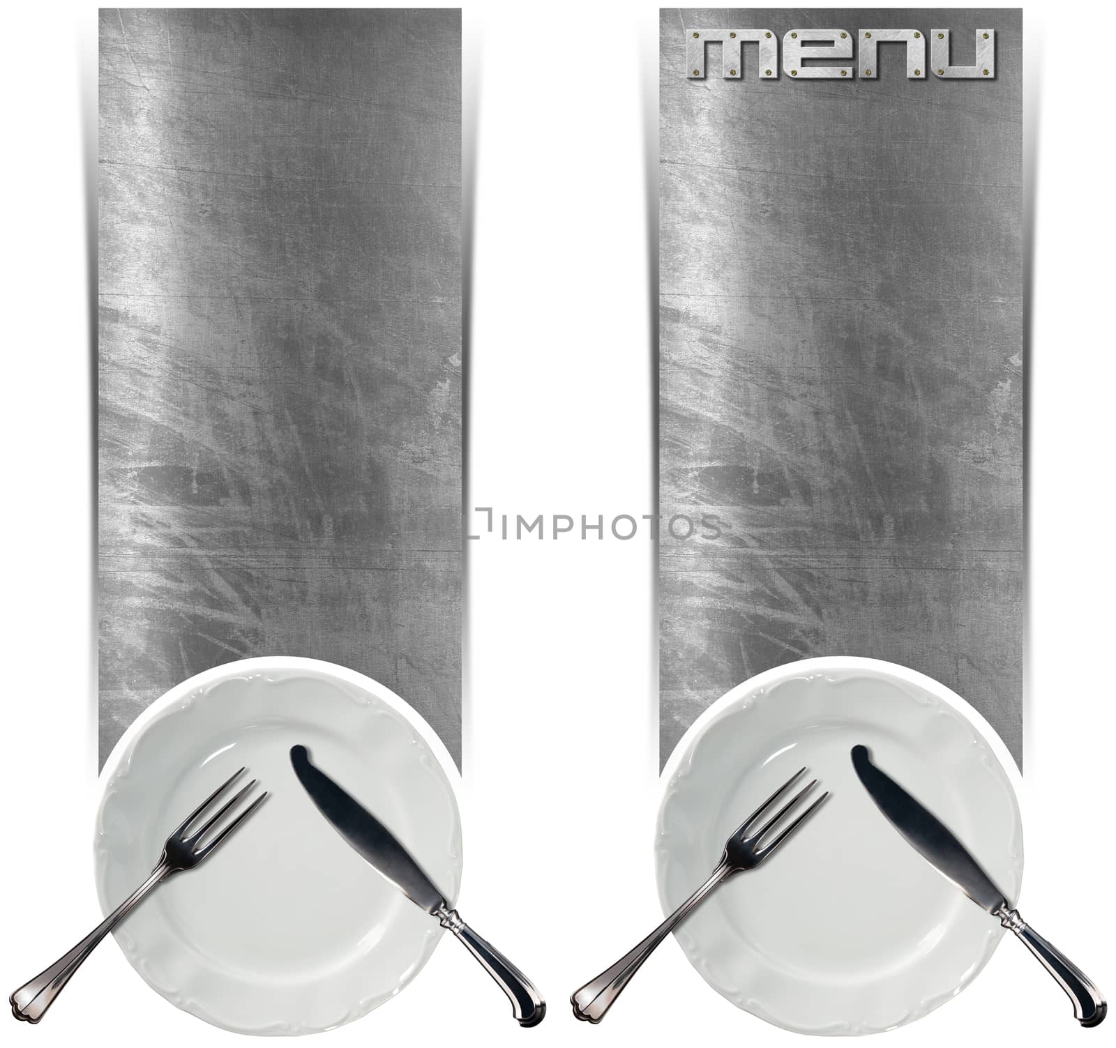 Two vertical metallic banners with empty white plate and silver cutlery isolated on white background. Template for recipes or food menu

