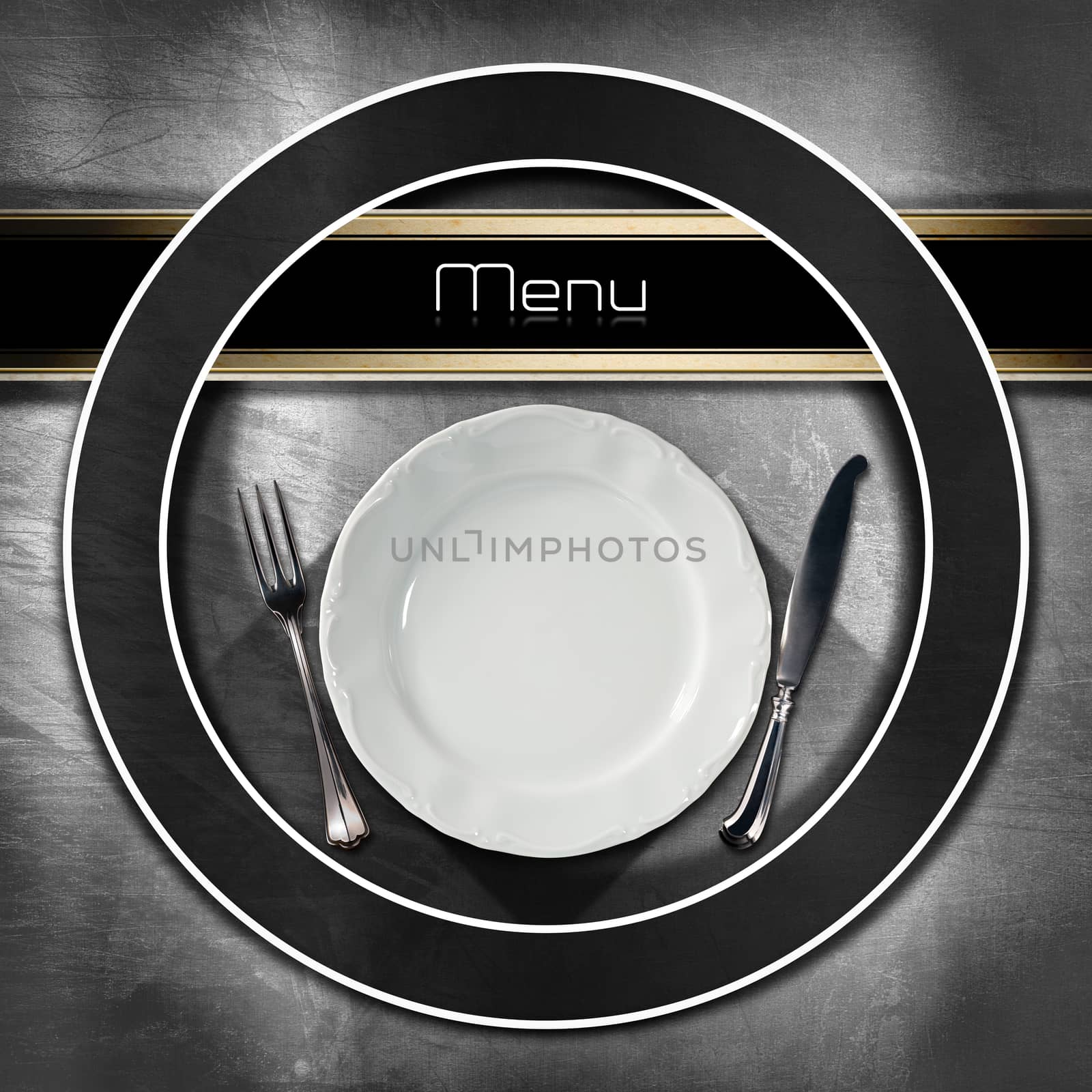Restaurant menu with empty plate and cutlery, on metal brushed background with dark circle and black horizontal band and written menu