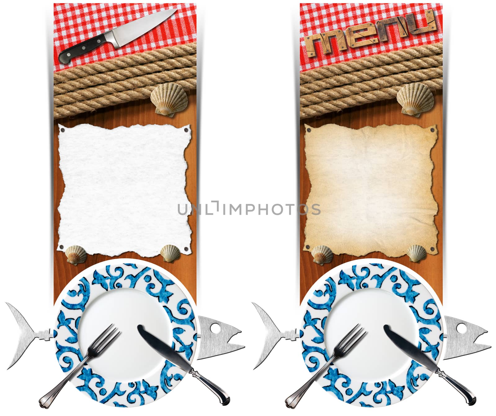 Two vertical banners with metal fish, plate with cutlery, empty parchment on wooden background with ropes, kitchen knife, checkered tablecloth and seashells. Template for seafood
