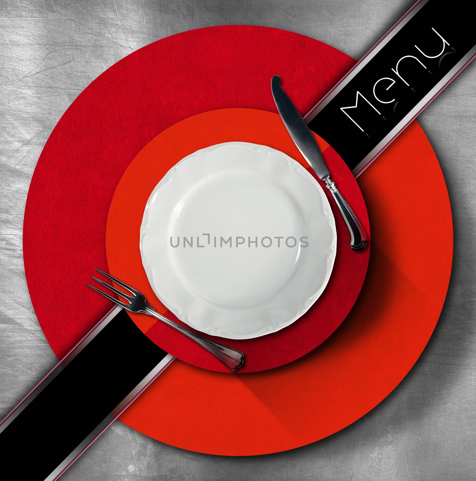 Restaurant menu with empty plate and cutlery, on metal background with red and orange circles and black diagonal band and written menu