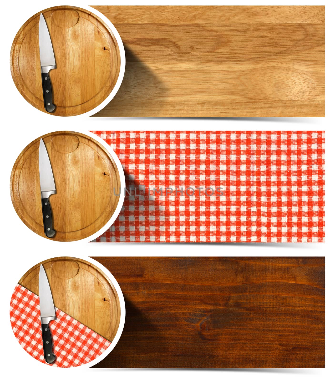 Collection of three kitchen banners with round cutting board, red and white checkered tablecloth, kitchen knife, wooden background. Isolated on white background
