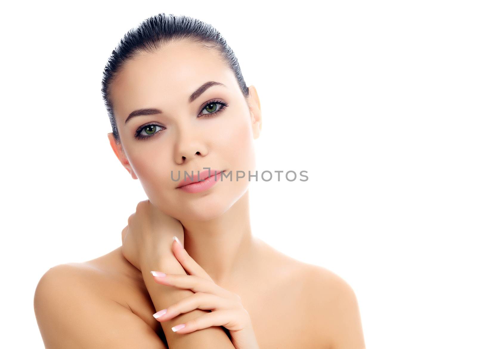 Beautiful female with clean fresh skin, white background by Nobilior