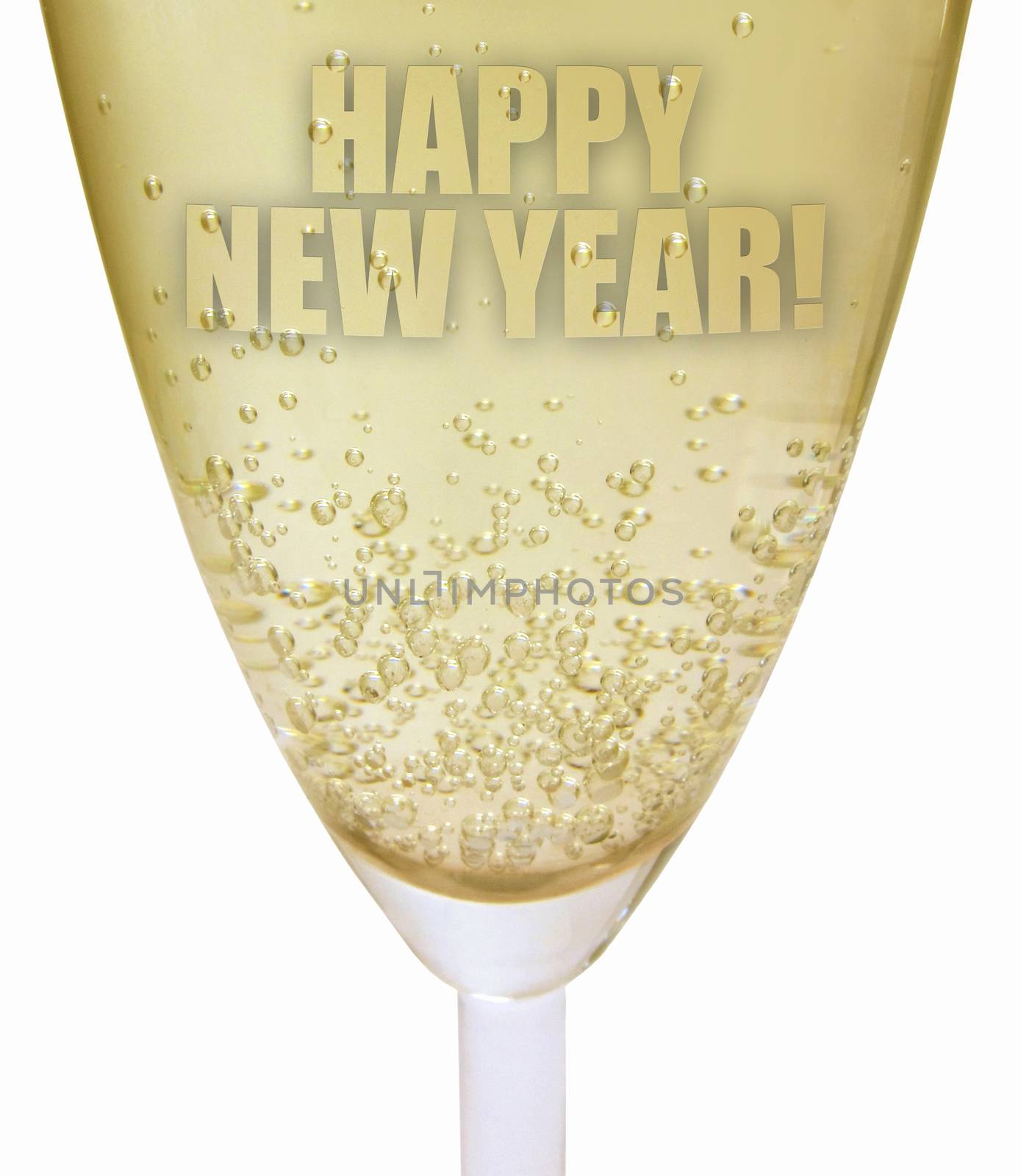 Closeup of a glass of freshly poured champagne with the words happy new year 