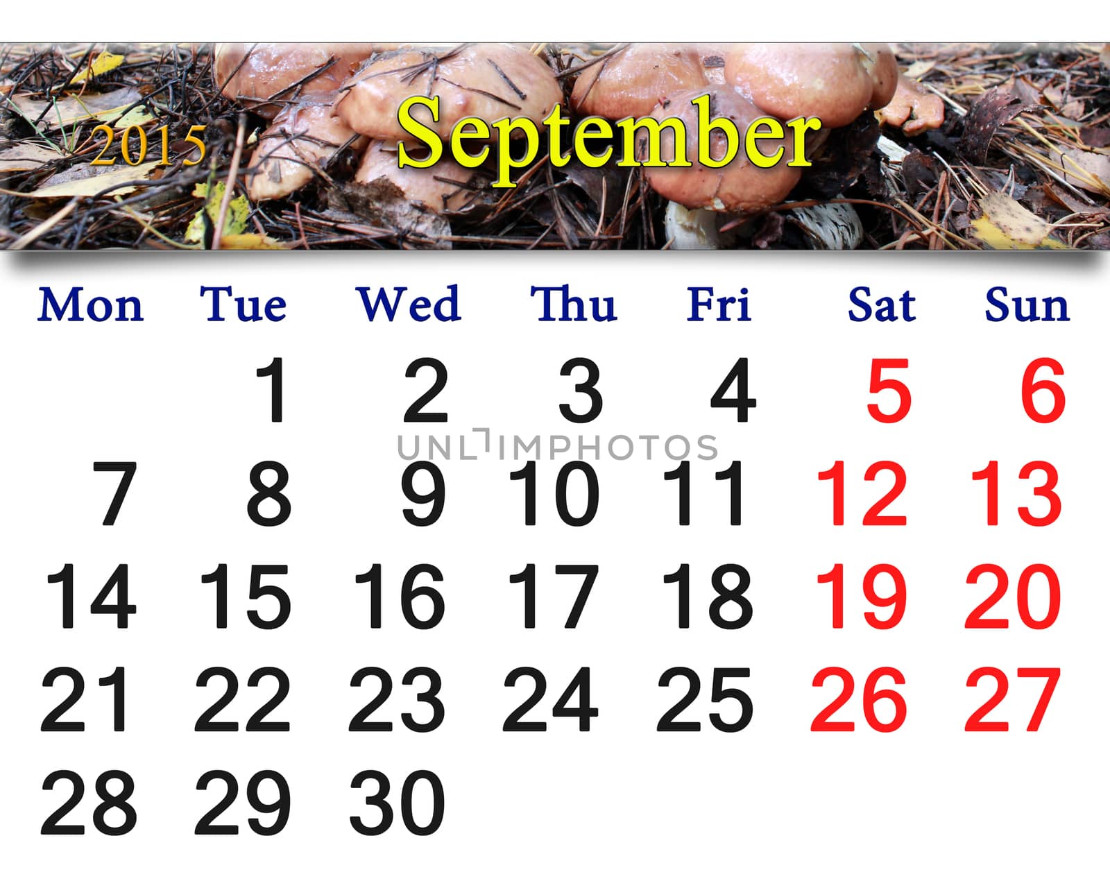calendar for September of 2015 with image of autumn mushrooms